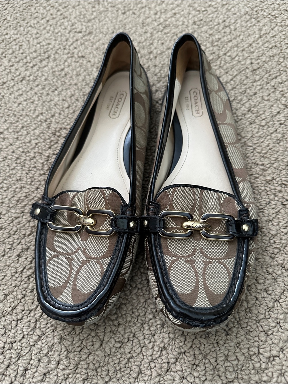 Coach Brown Signature Canvas Loafers with Black Trim